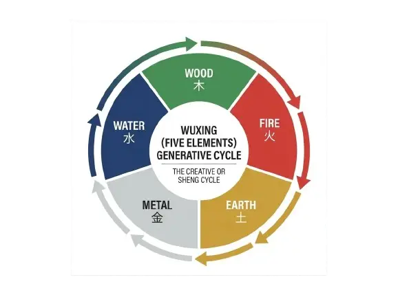 Wuxing five element cycle diagram showing Wood, Fire, Earth, Metal, and Water with their generative relationships