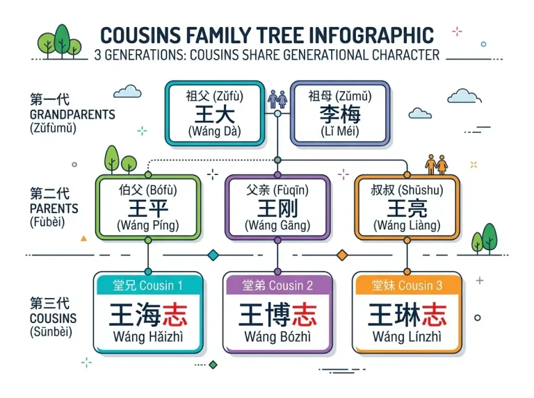 Family tree diagram showing cousins of the same generation sharing one generational character in their Chinese given names