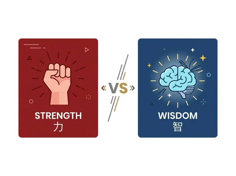Comparison graphic showing strength and wisdom as contrasting Chinese name character categories