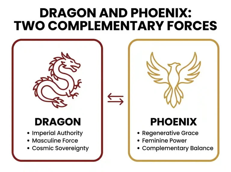 Two-card comparison infographic showing dragon attributes of authority and force against phoenix attributes of grace and balance