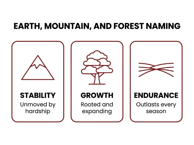 Three-card infographic showing earth, mountain, and forest naming qualities: stability, growth, and endurance