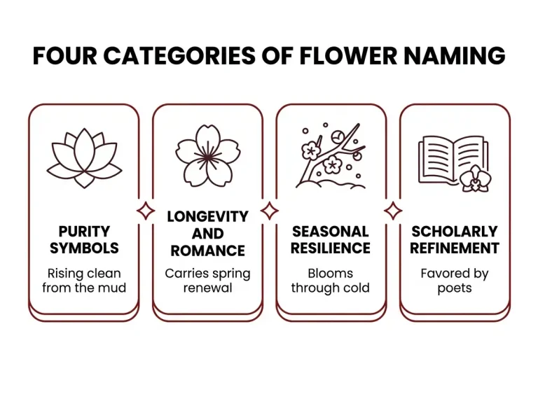 Four-card infographic showing flower naming categories: purity symbols, longevity and romance, seasonal resilience, and scholarly refinement