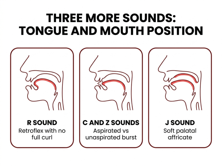 Three mouth cross-section diagrams showing tongue position for the Mandarin R, C, Z, and J sounds