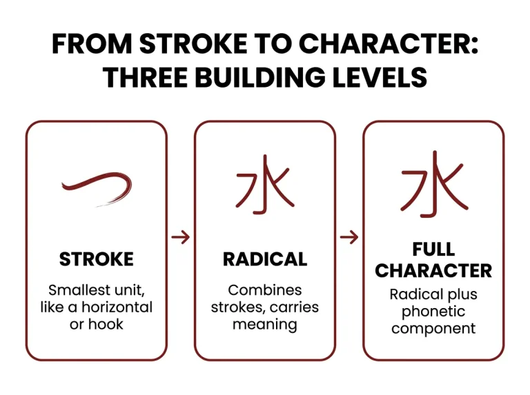 Three-card infographic showing how a Chinese character is built from stroke to radical to full character