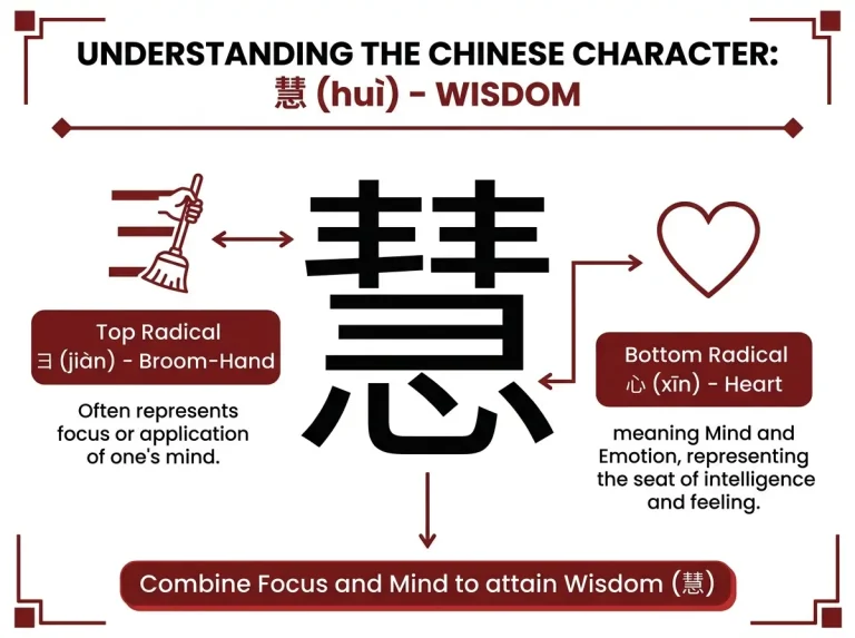 Diagram showing how the Chinese character 慧 huì breaks into the heart radical 心 and a phonetic component to form the meaning wisdom