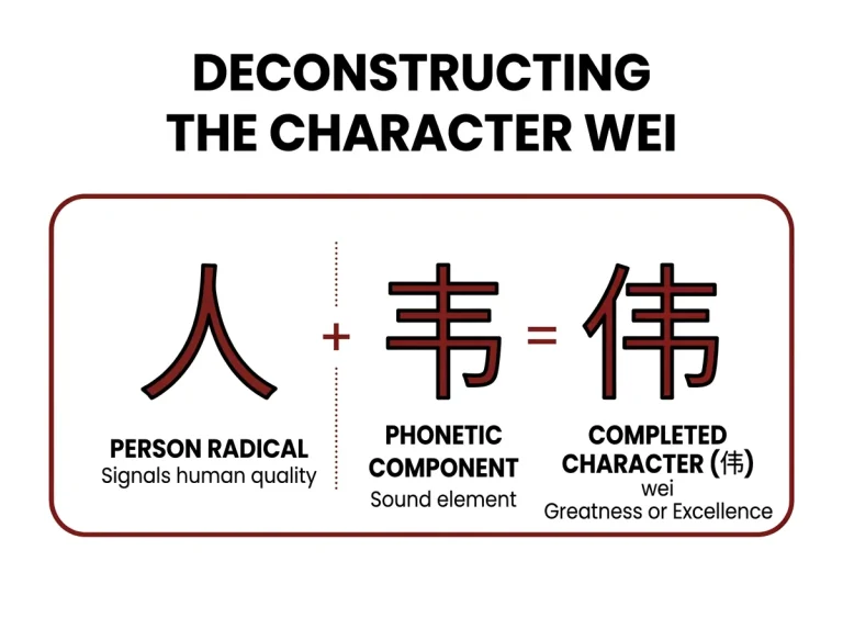 Diagram decomposing the Chinese character wei into its person radical and phonetic component